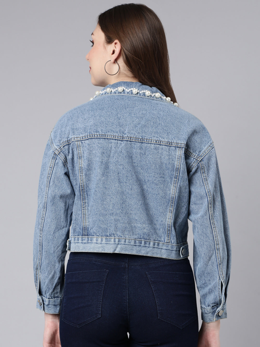 Women's Blue Washed Studded Drop Shoulder Crop Denim Jacket