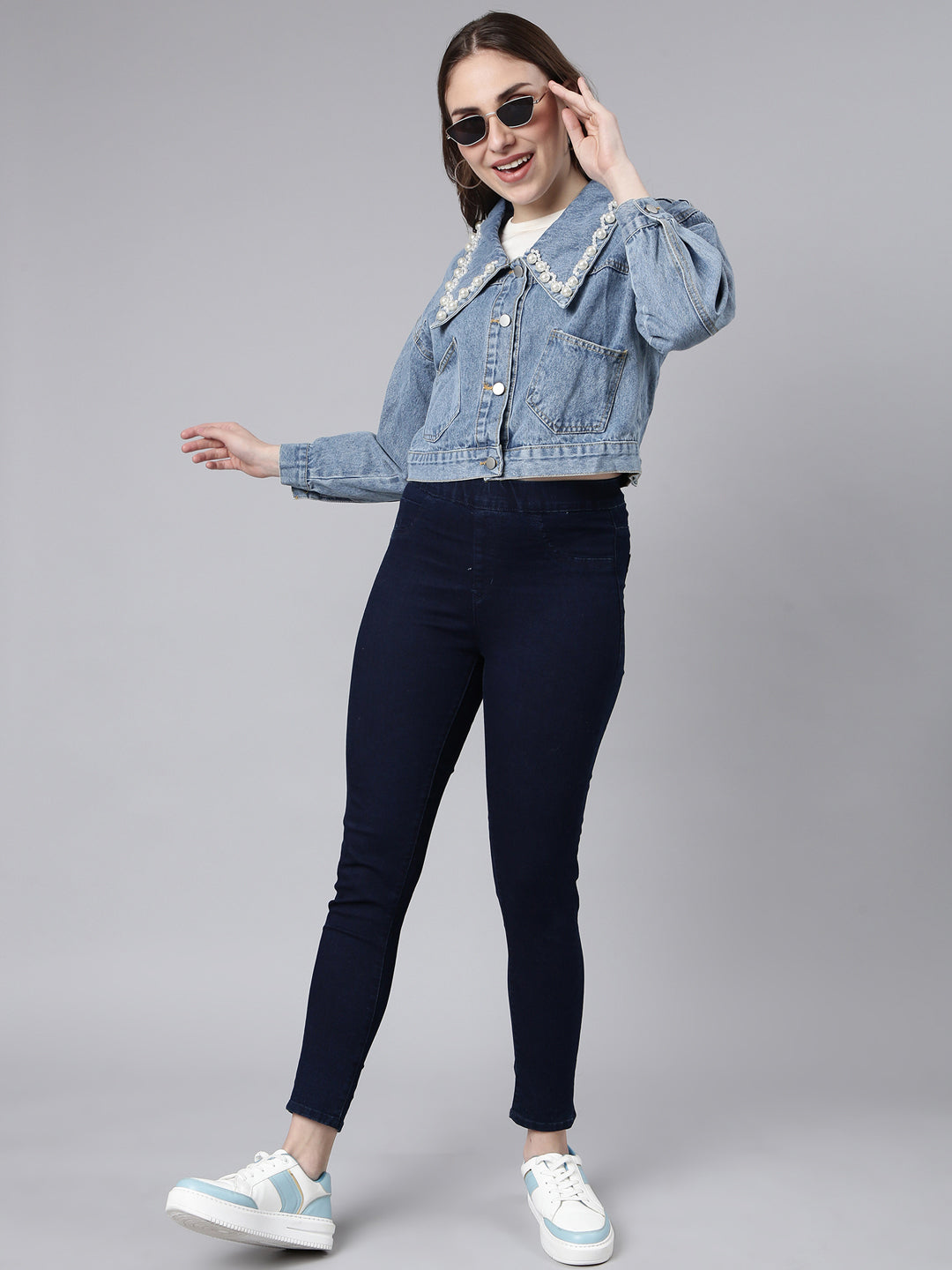 Women's Blue Washed Studded Drop Shoulder Crop Denim Jacket
