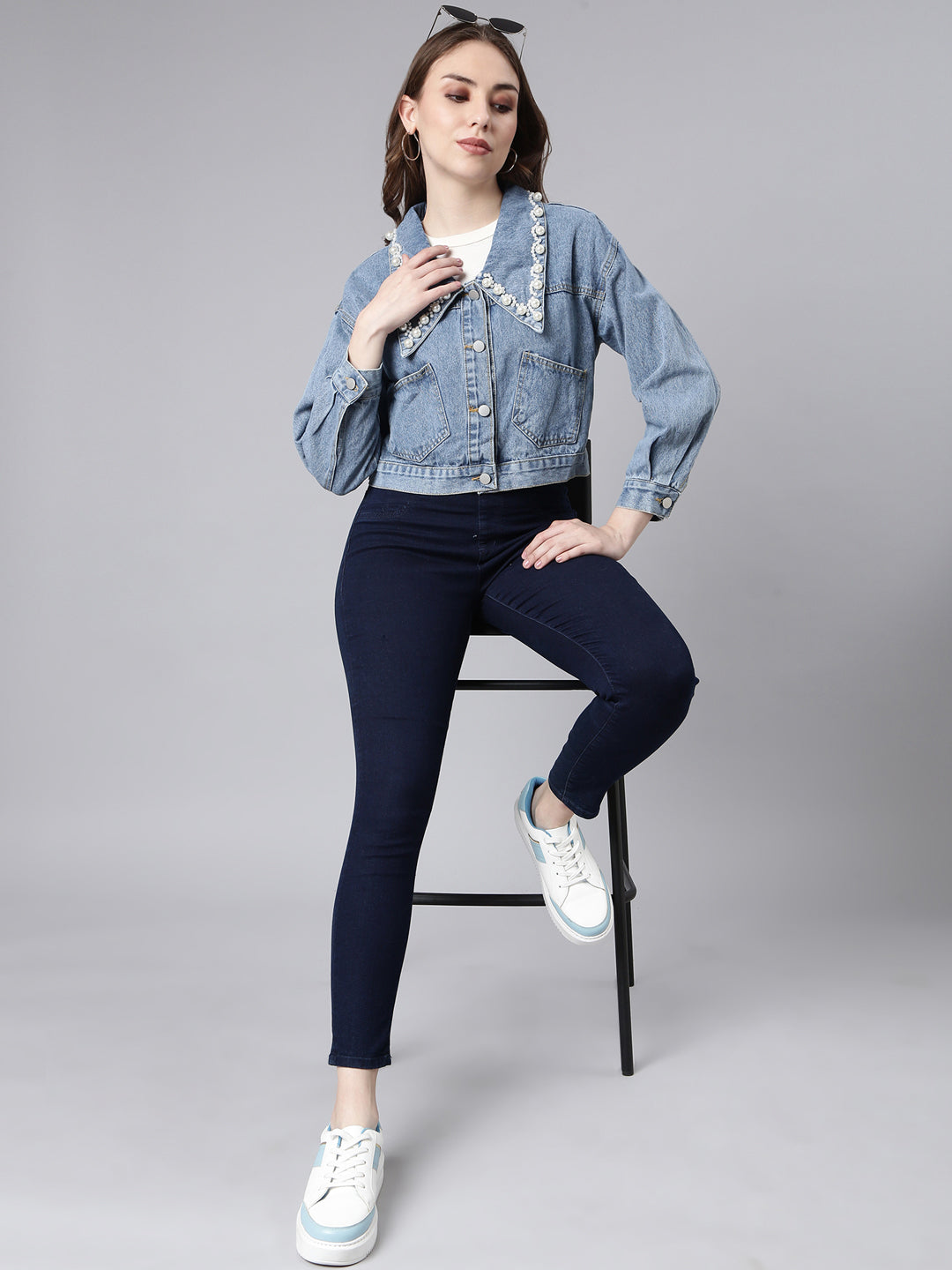 Women's Blue Washed Studded Drop Shoulder Crop Denim Jacket
