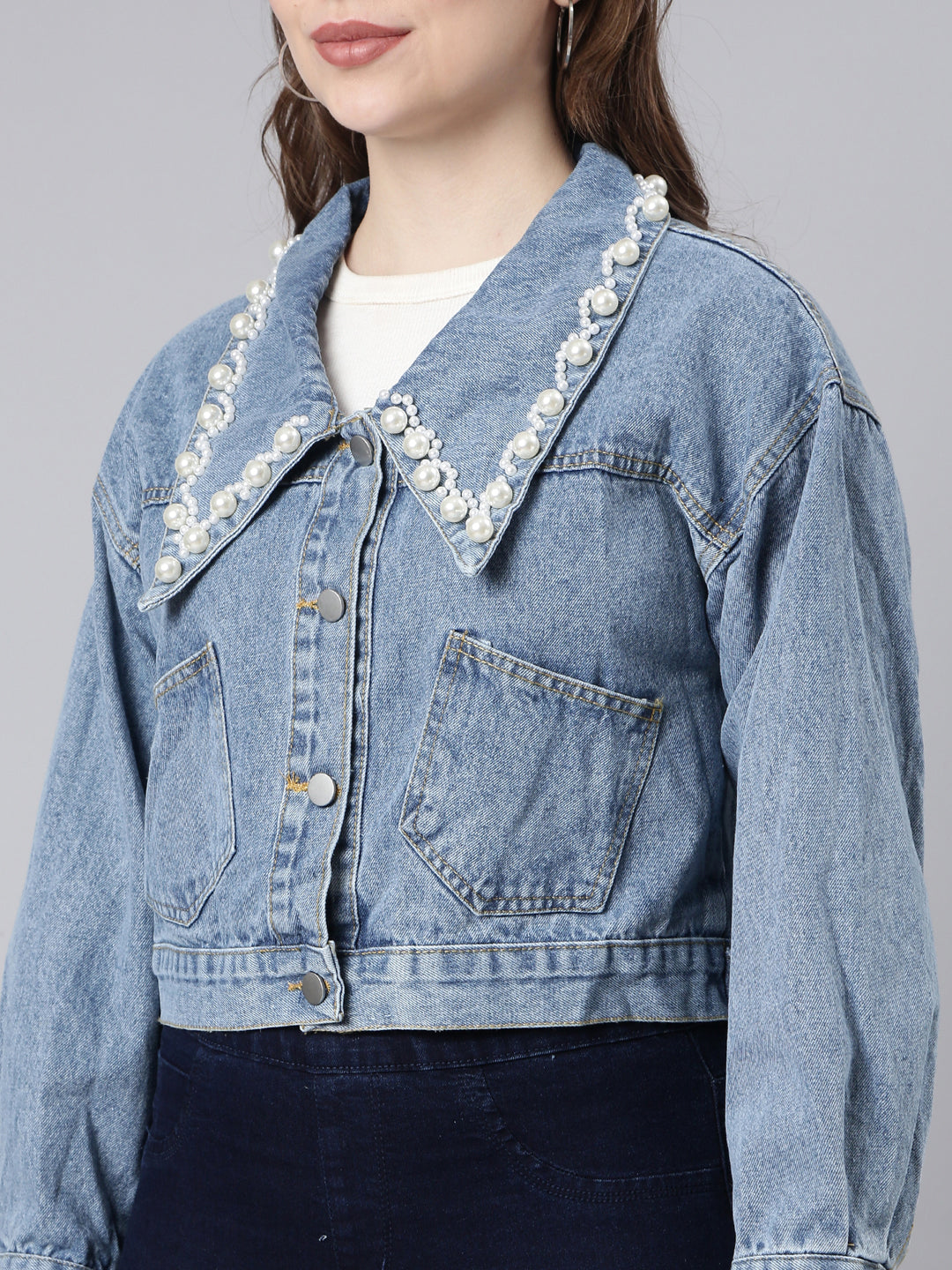 Women's Blue Washed Studded Drop Shoulder Crop Denim Jacket