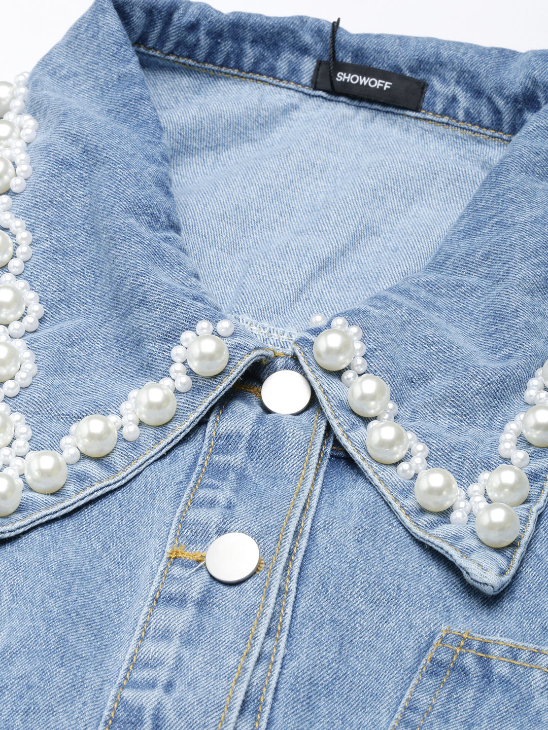 Women's Blue Washed Studded Drop Shoulder Crop Denim Jacket