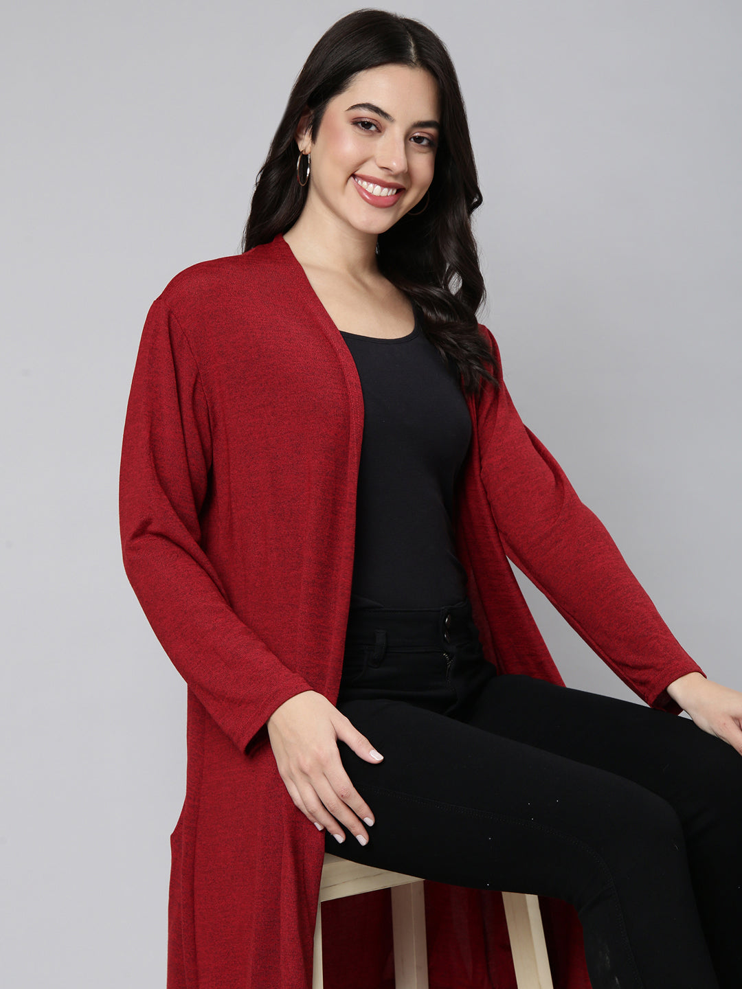 Women Solid Maroon Shrug