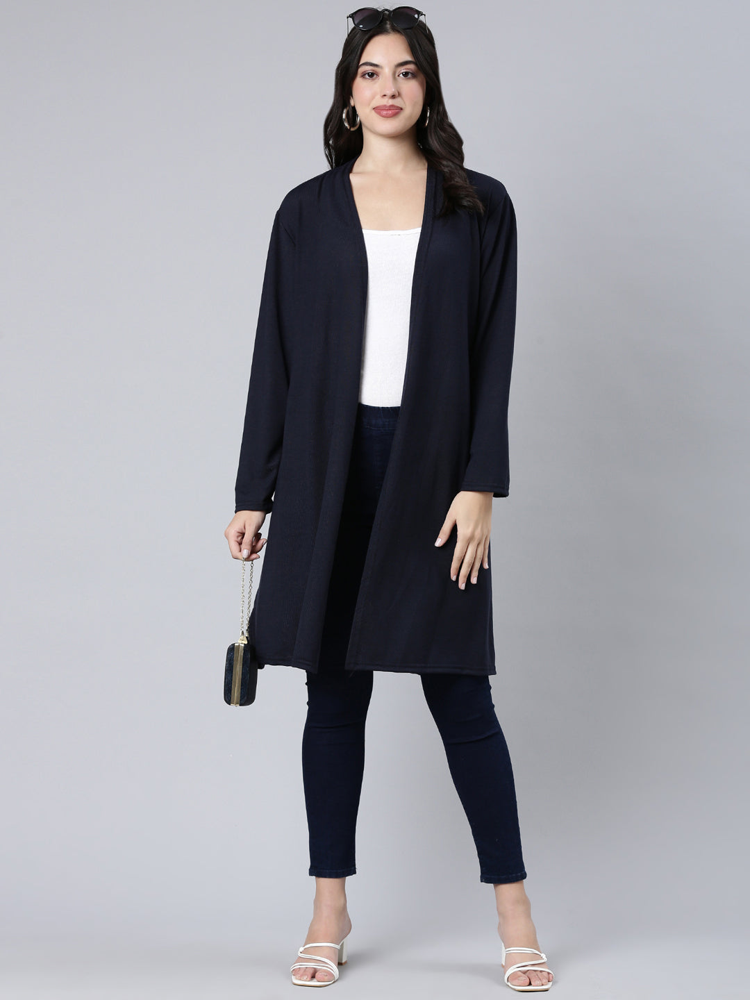 Women Solid Navy Blue Shrug