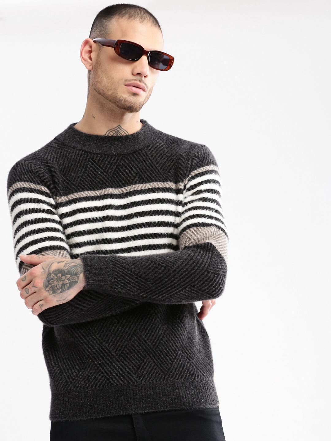 Men Round Neck Striped Black Pullover