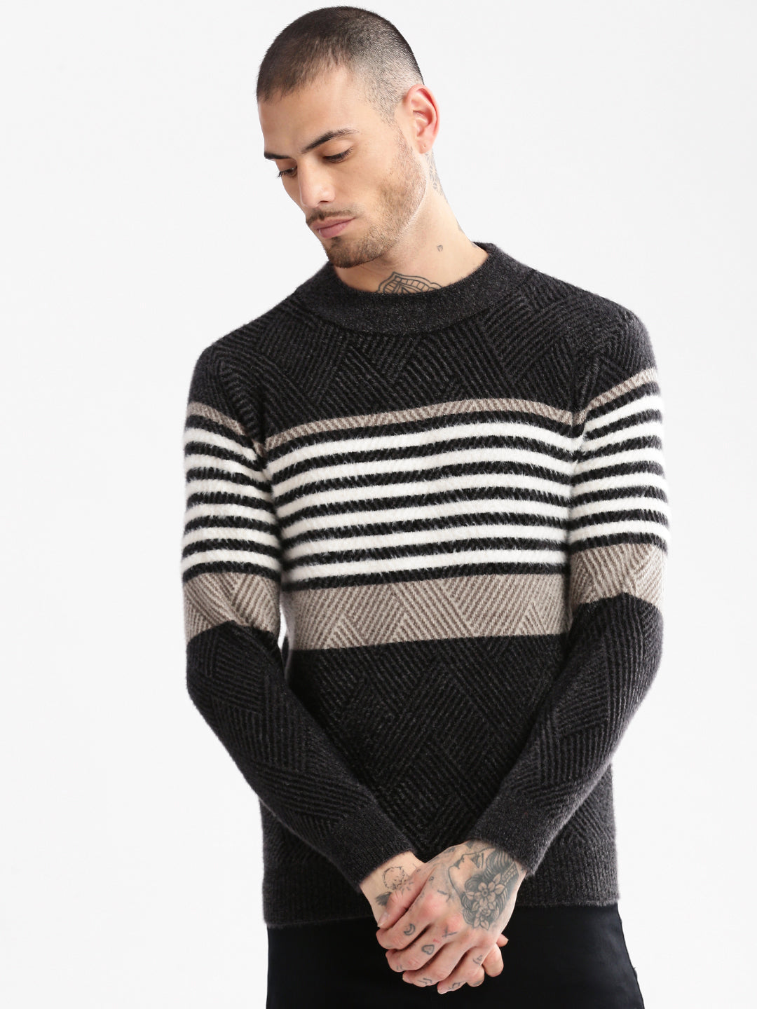 Men Round Neck Striped Black Pullover