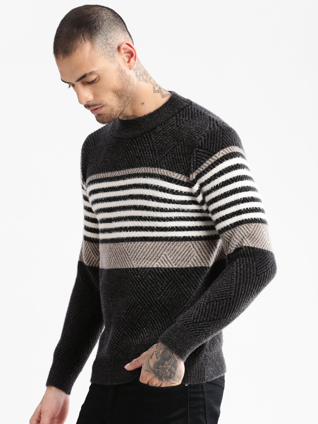 Men Round Neck Striped Black Pullover