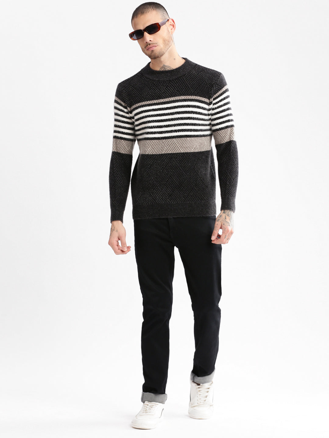 Men Round Neck Striped Black Pullover