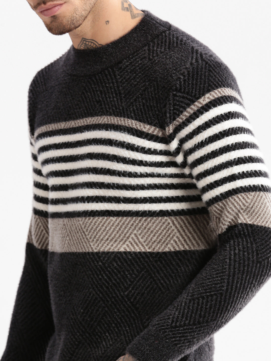 Men Round Neck Striped Black Pullover