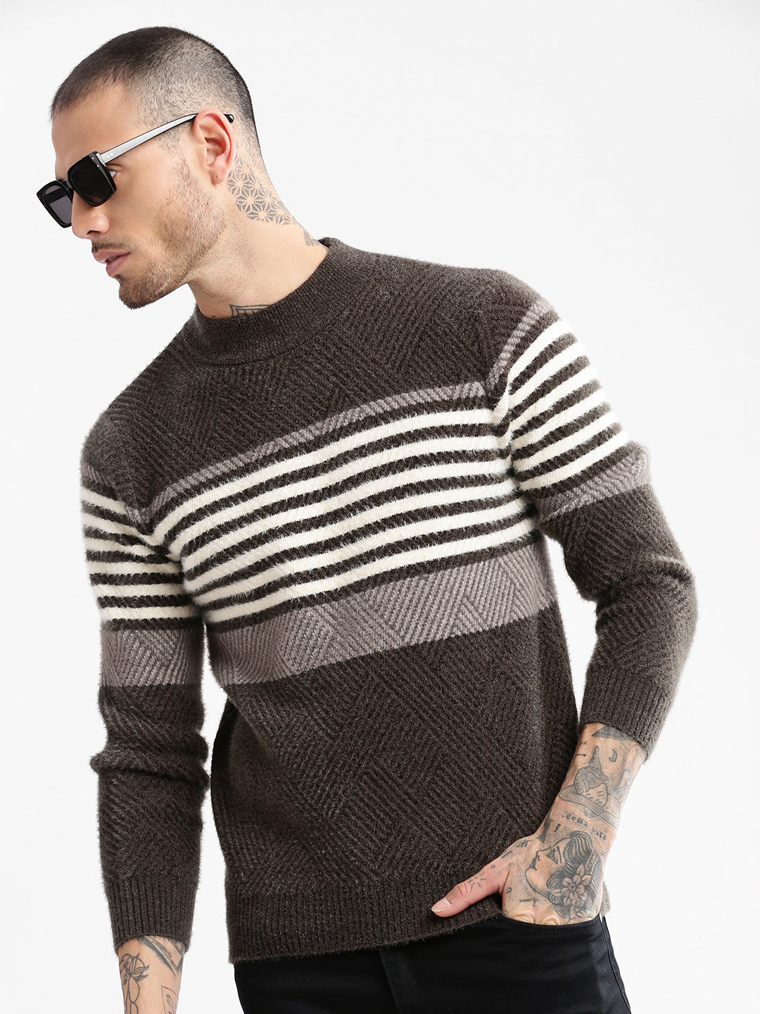 Men Round Neck Striped Olive Pullover