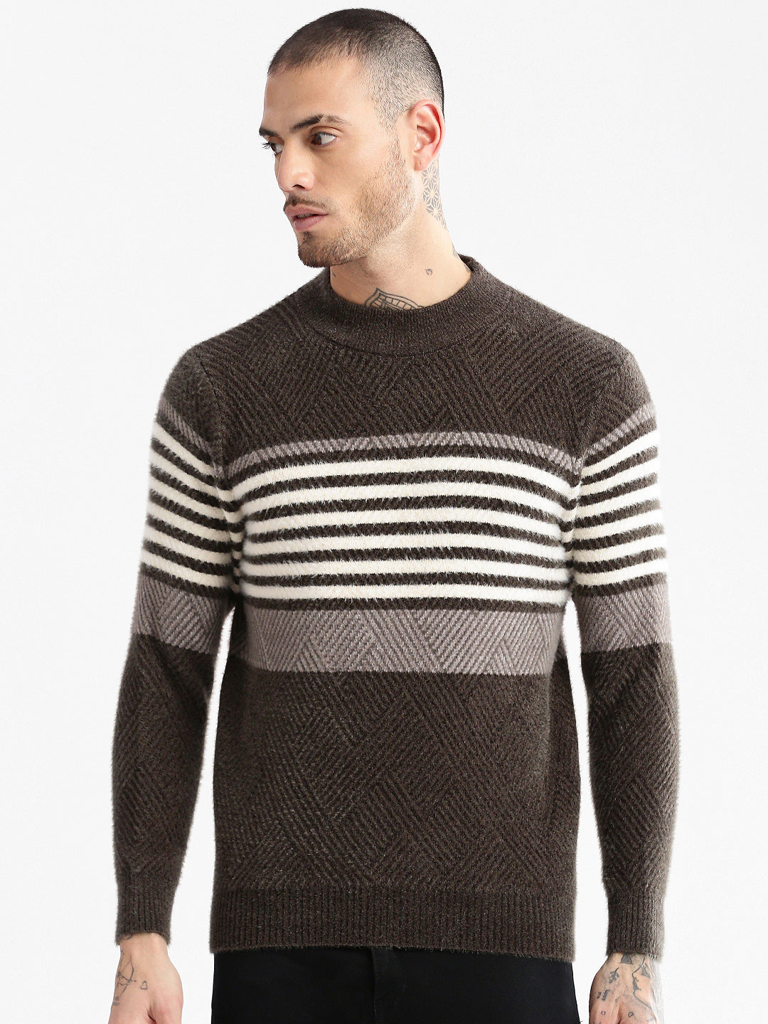 Men Round Neck Striped Olive Pullover