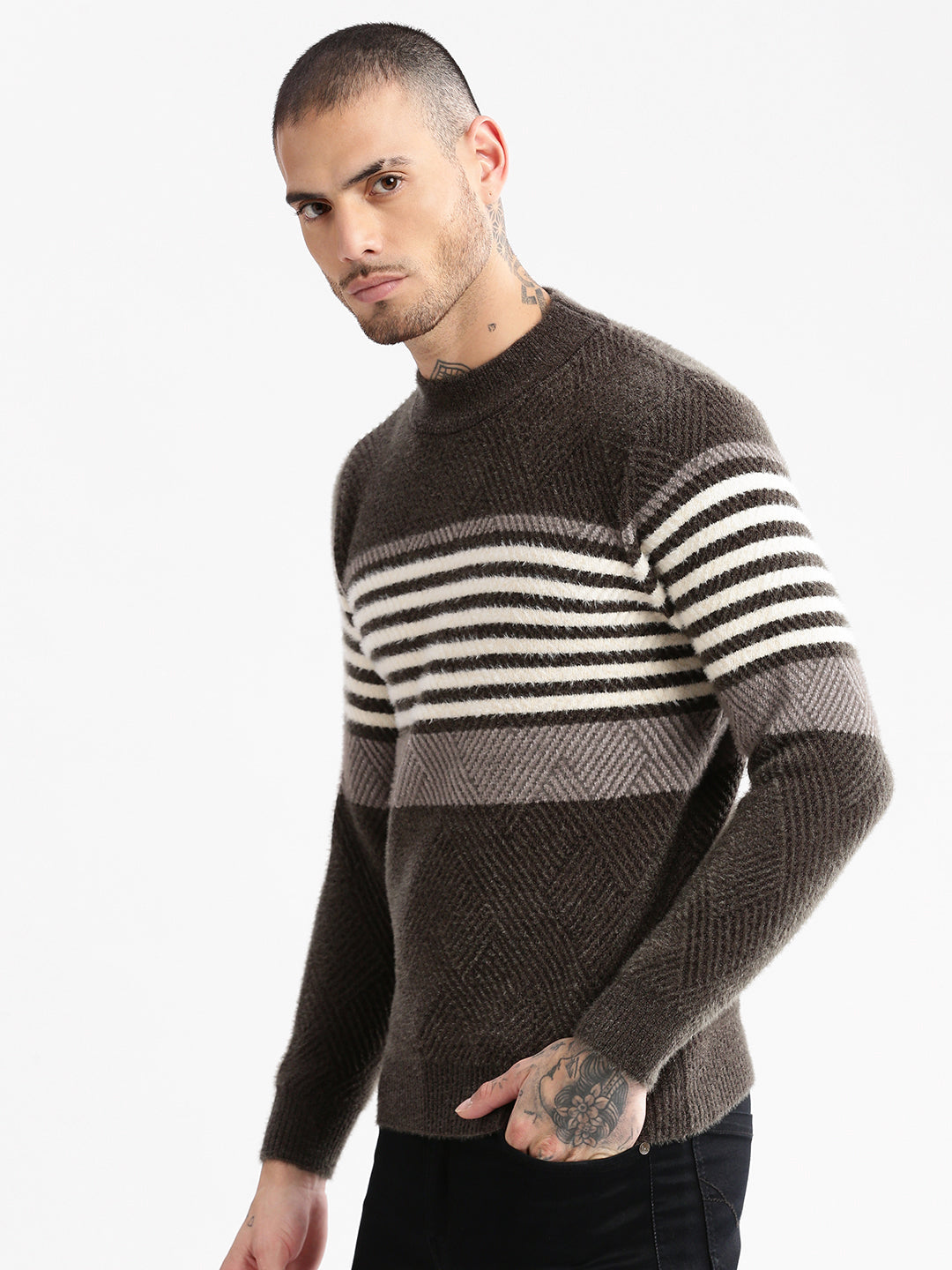 Men Round Neck Striped Olive Pullover