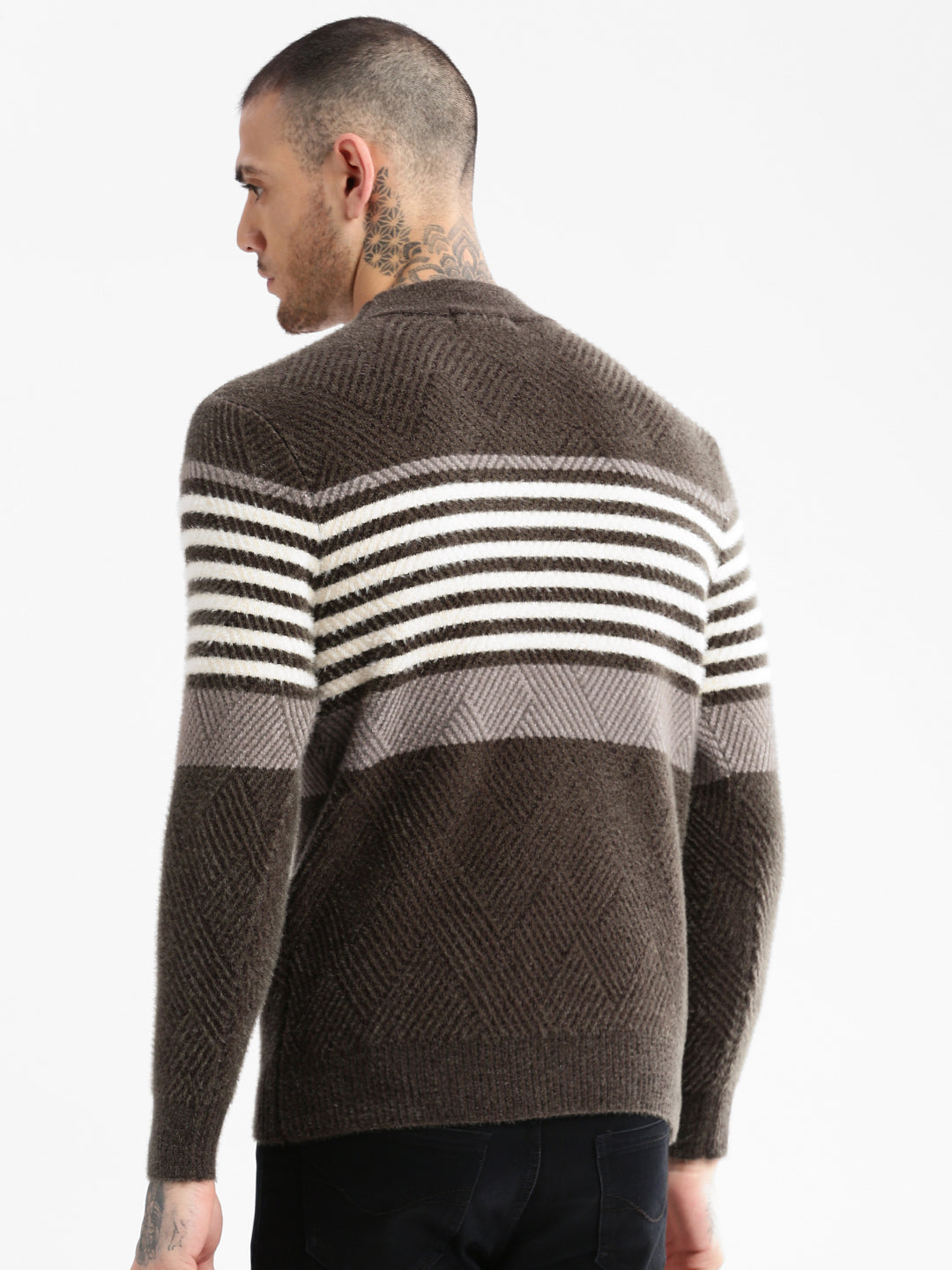 Men Round Neck Striped Olive Pullover