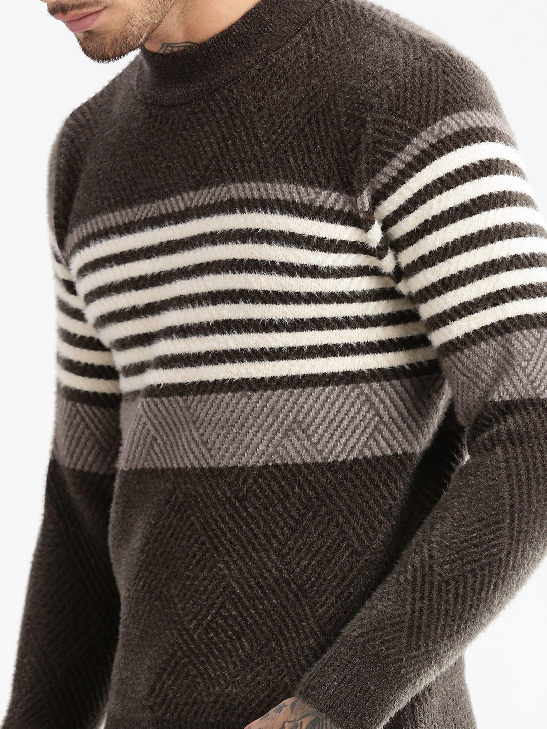 Men Round Neck Striped Olive Pullover