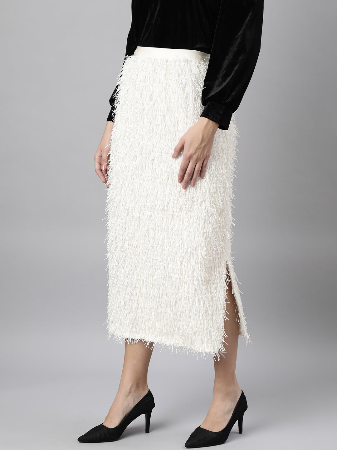 Women Solid Straight Cream Midi Skirt