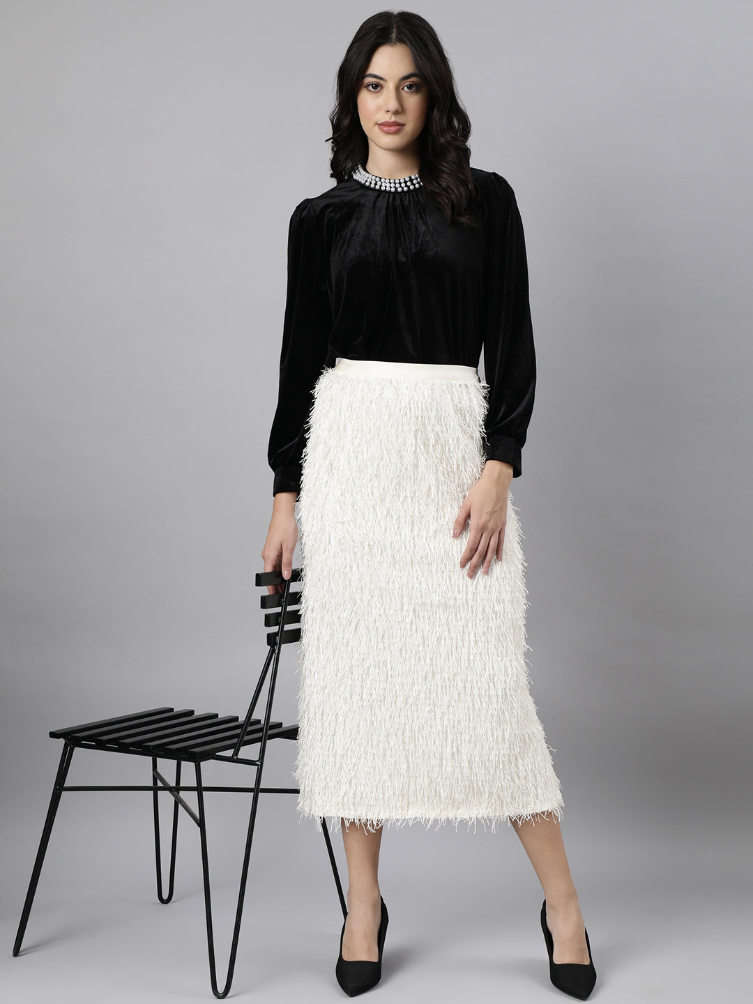 Women Solid Straight Cream Midi Skirt