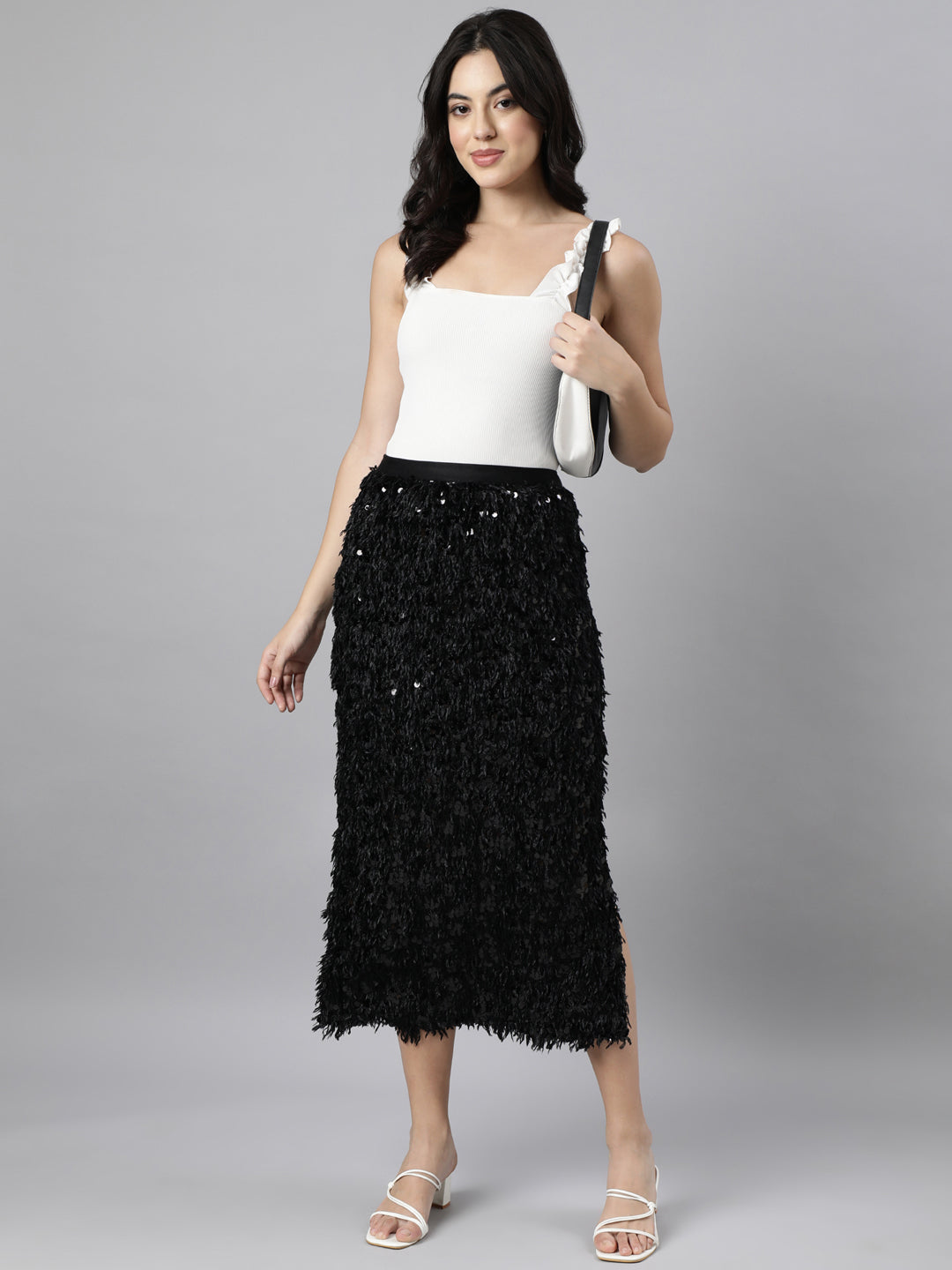 Women Solid Straight Black Midi Skirt