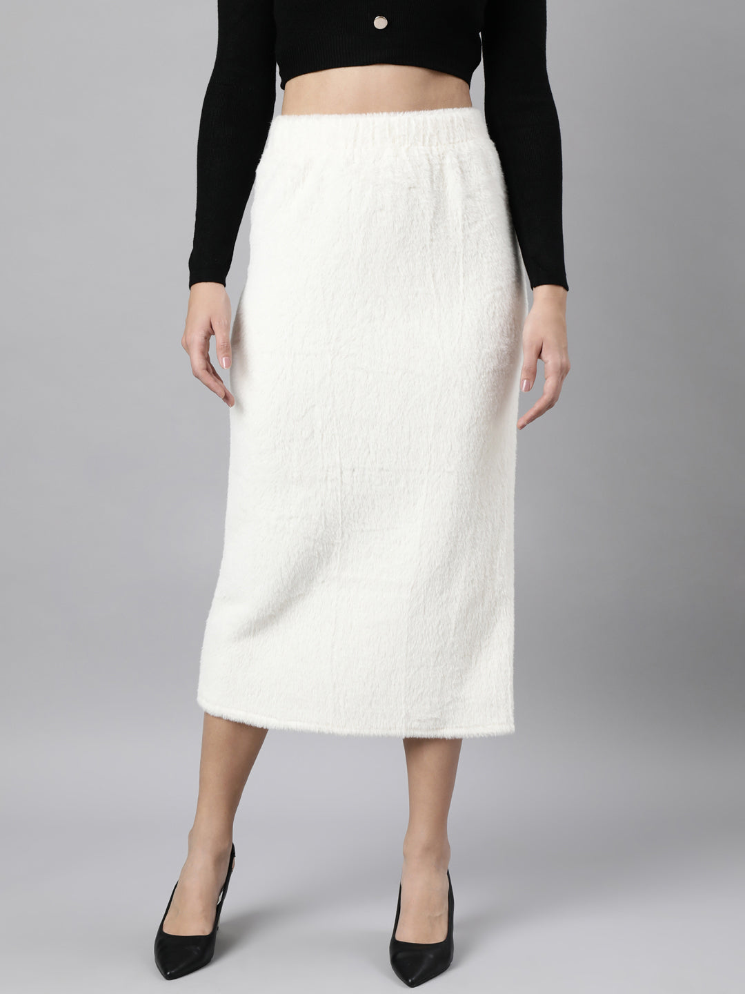 Women Solid Pencil Cream Midi Skirt