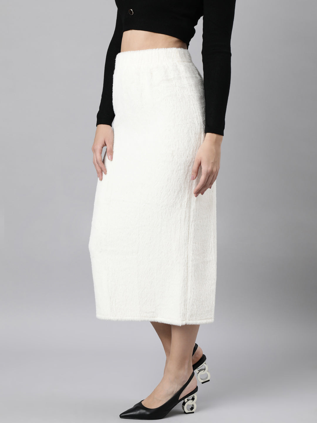 Women Solid Pencil Cream Midi Skirt