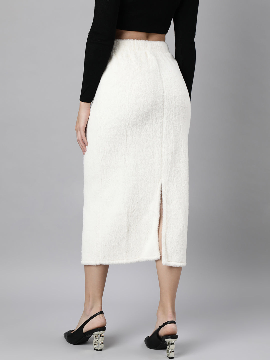 Women Solid Pencil Cream Midi Skirt