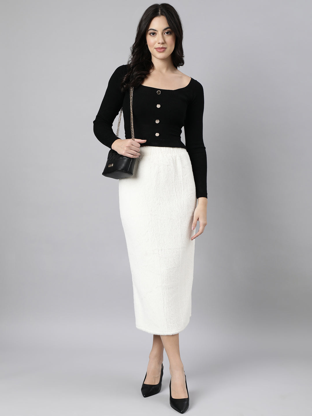 Women Solid Pencil Cream Midi Skirt