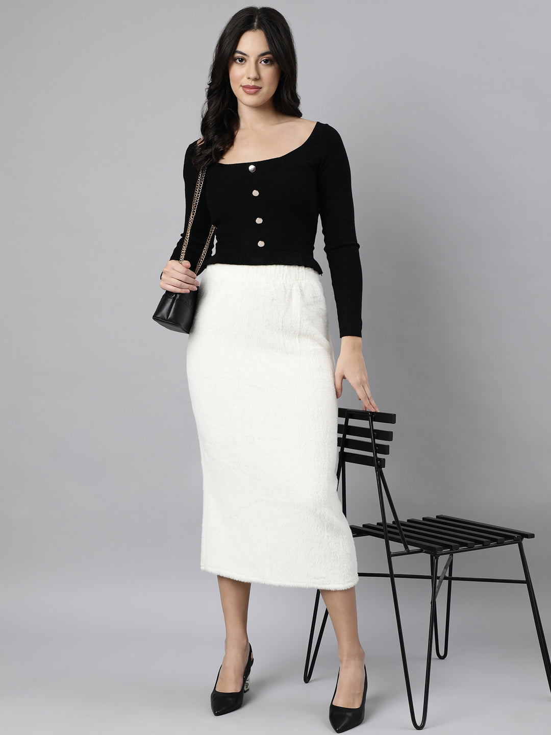 Women Solid Pencil Cream Midi Skirt