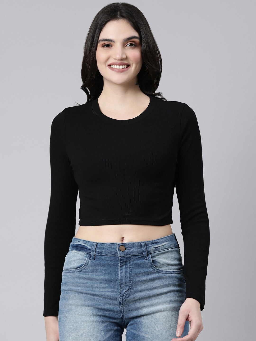 Women Solid Black Styled Back Crop Top