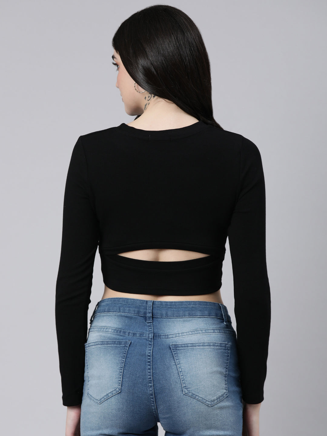 Women Solid Black Styled Back Crop Top