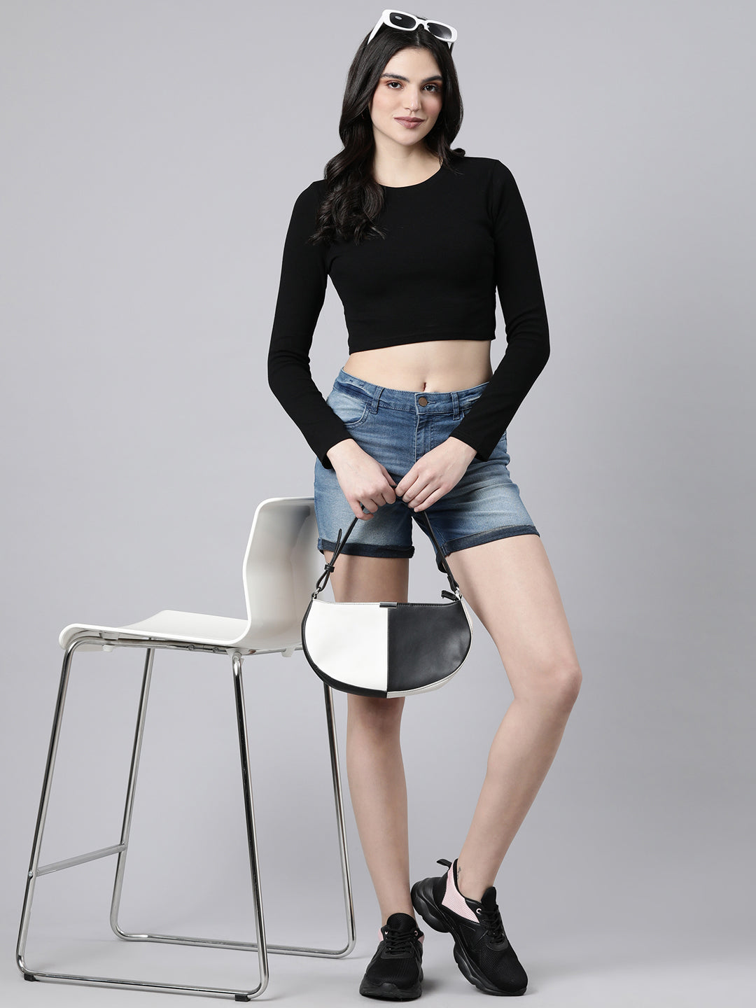 Women Solid Black Styled Back Crop Top