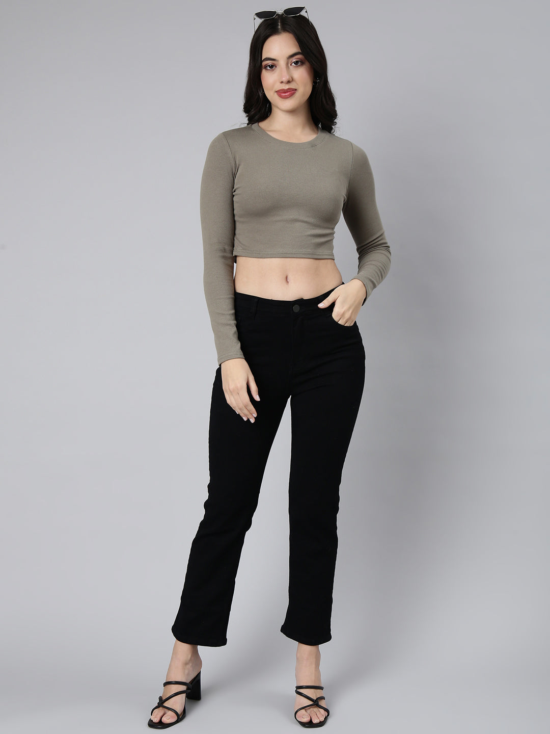 Women Solid Olive Styled Back Crop Top