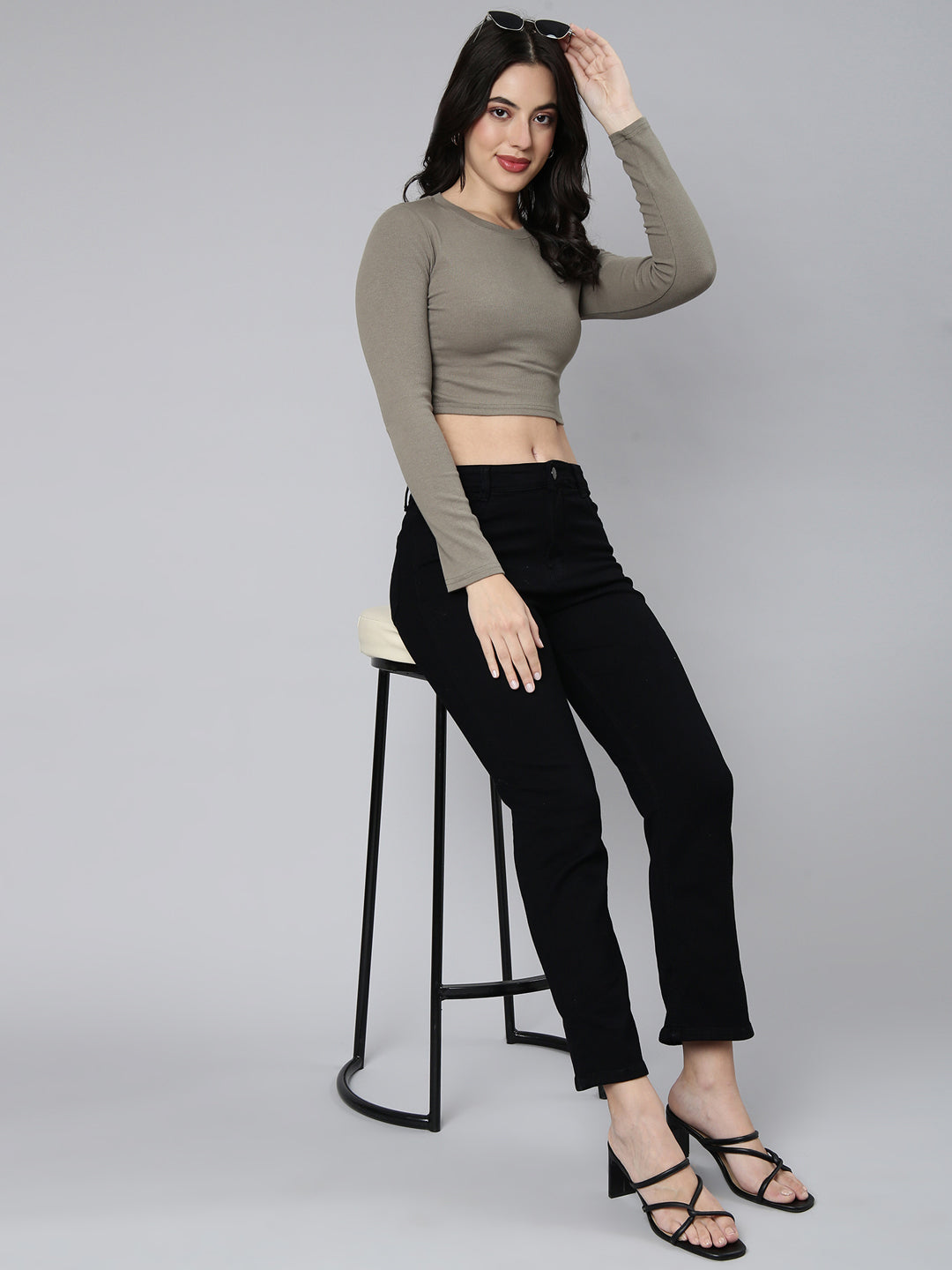 Women Solid Olive Styled Back Crop Top