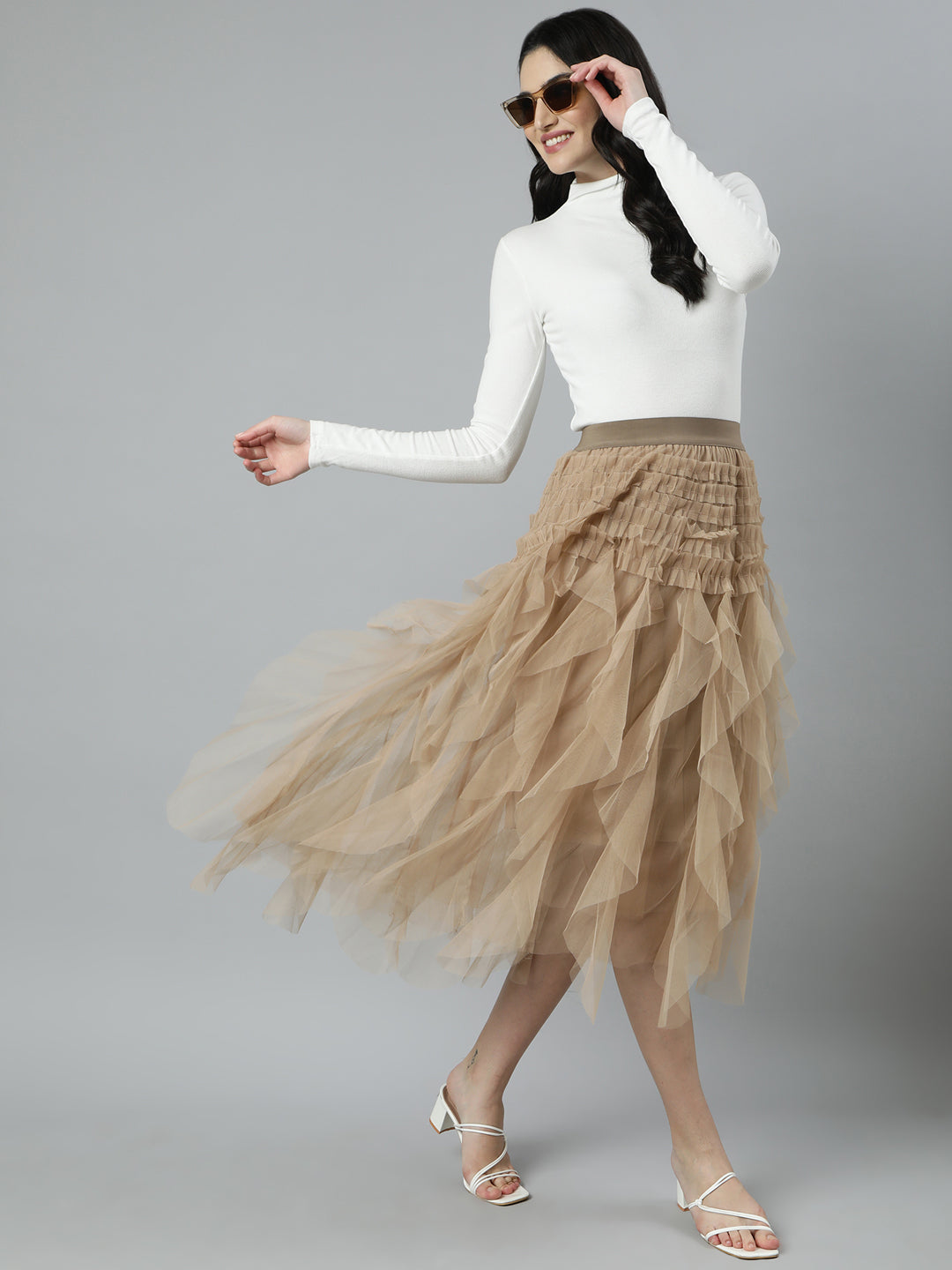 Women Solid Beige Flared Midi Skirt