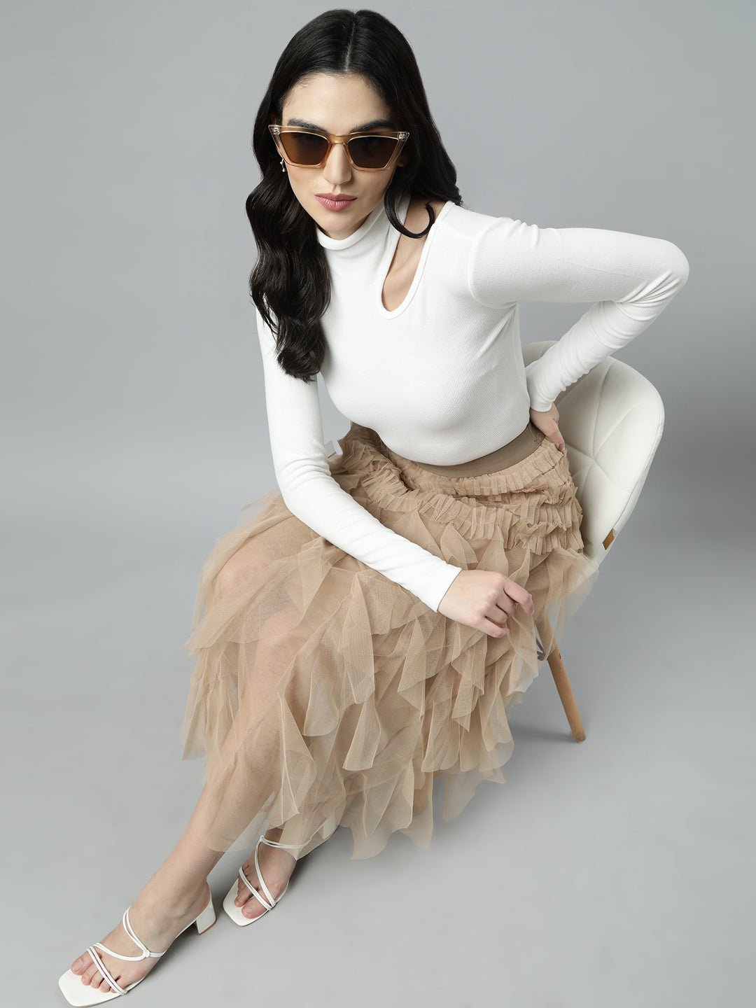 Women Solid Beige Flared Midi Skirt