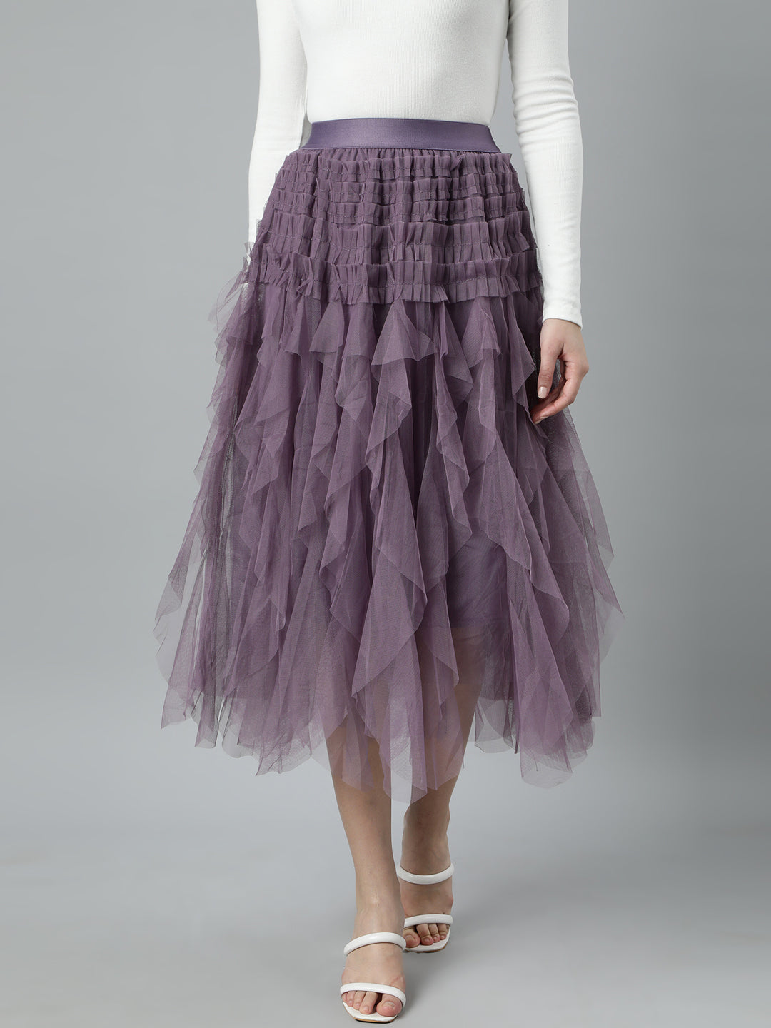 Women Solid Lavender Flared Midi Skirt