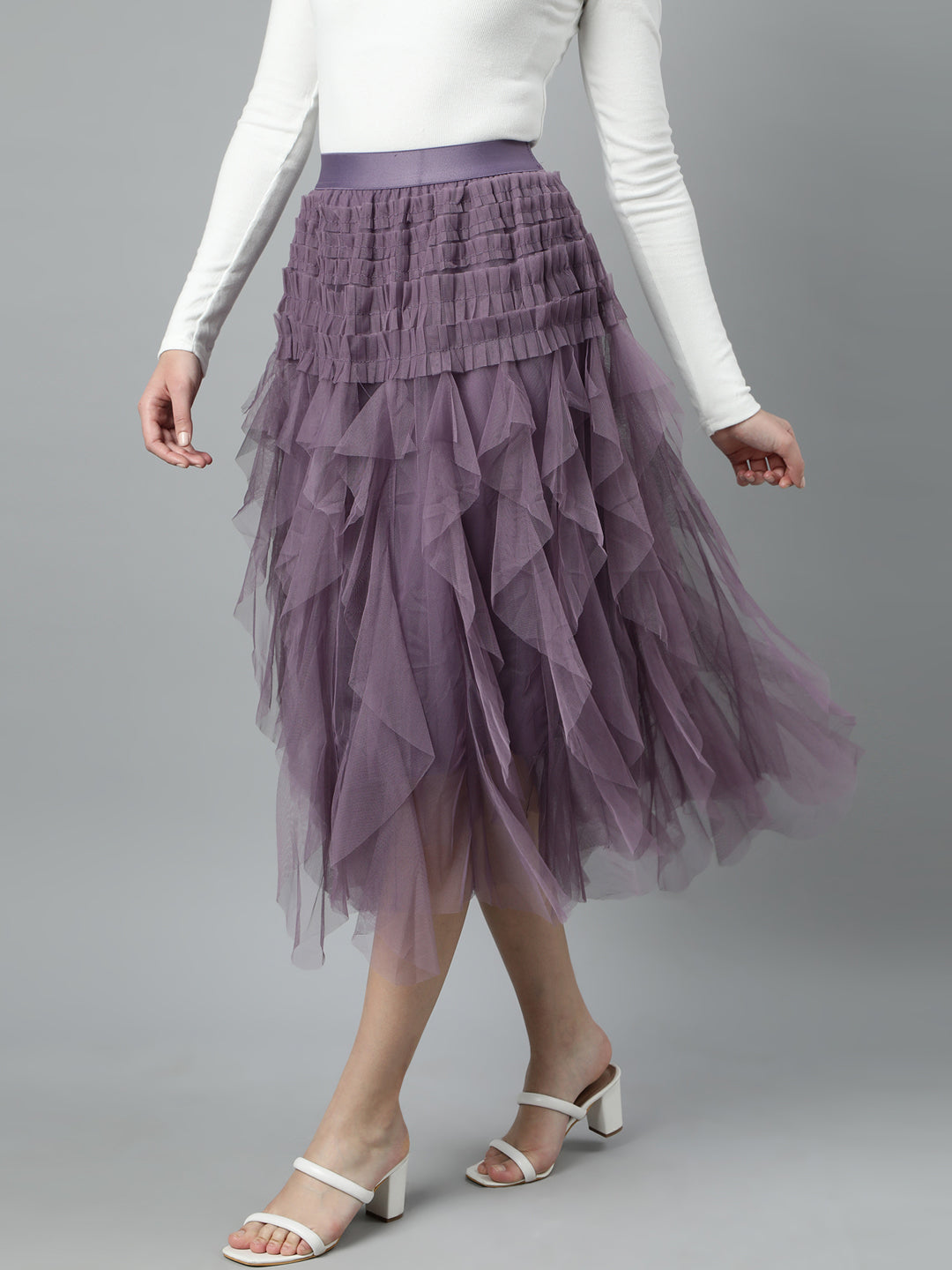 Women Solid Lavender Flared Midi Skirt