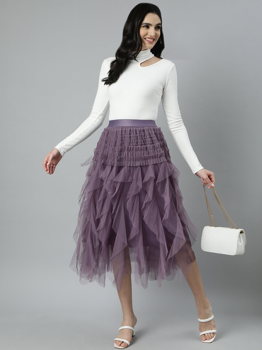 Women Solid Lavender Flared Midi Skirt