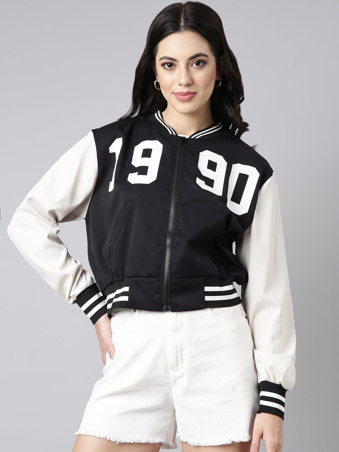 Women's Typography Black Crop Varsity Jacket