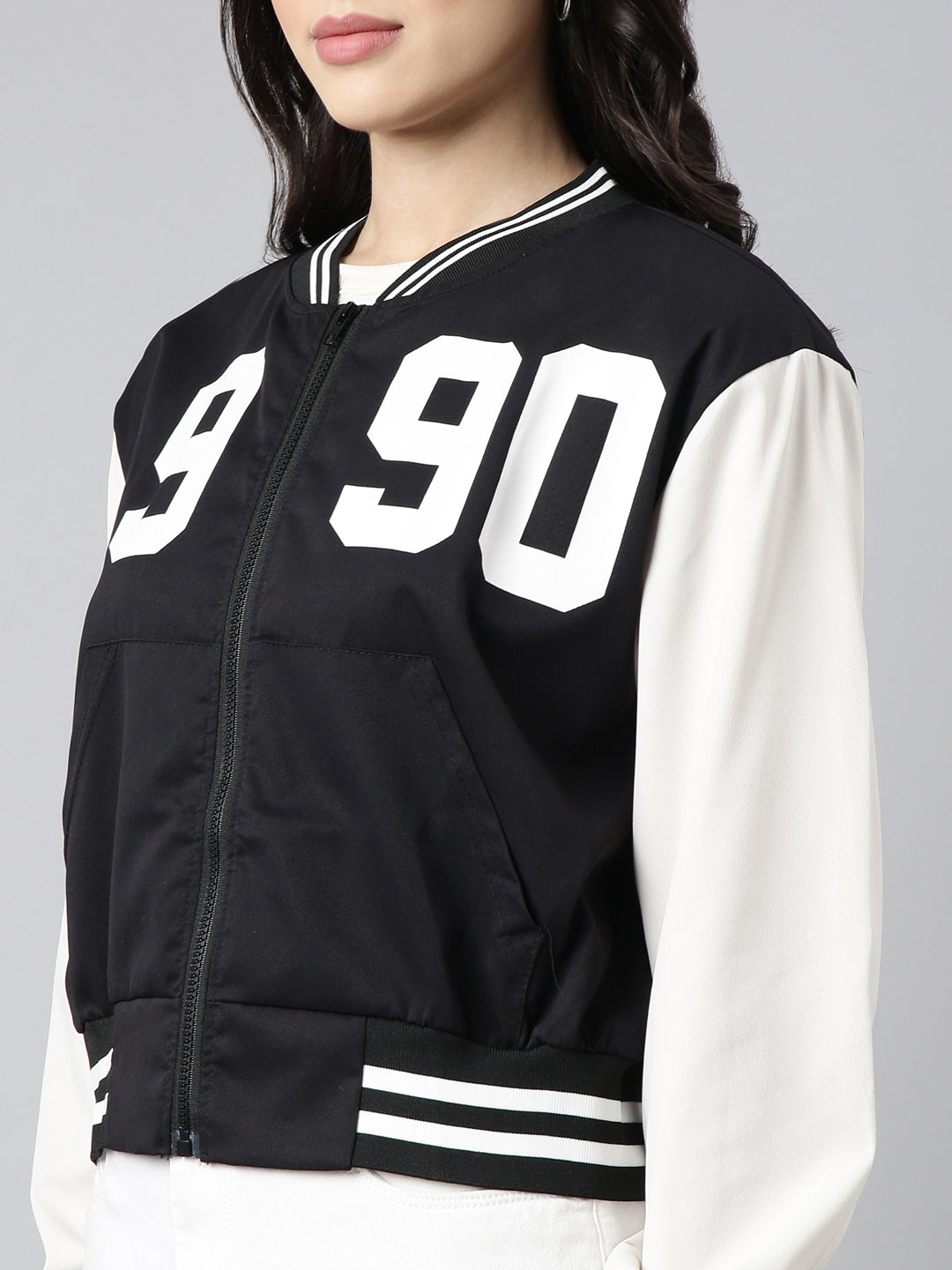 Women's Typography Black Crop Varsity Jacket