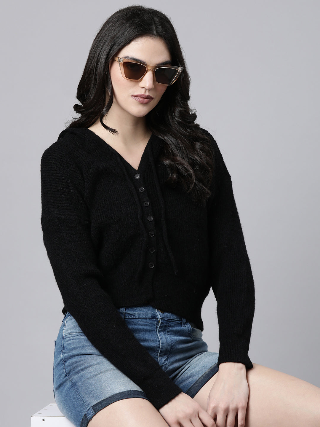 Women Solid Black Cardigan