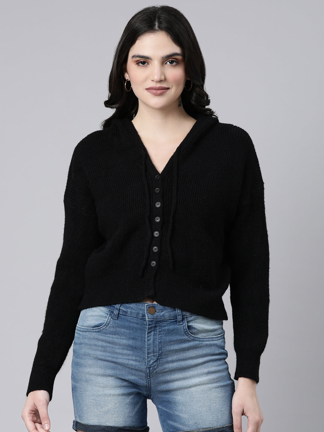 Women Solid Black Cardigan