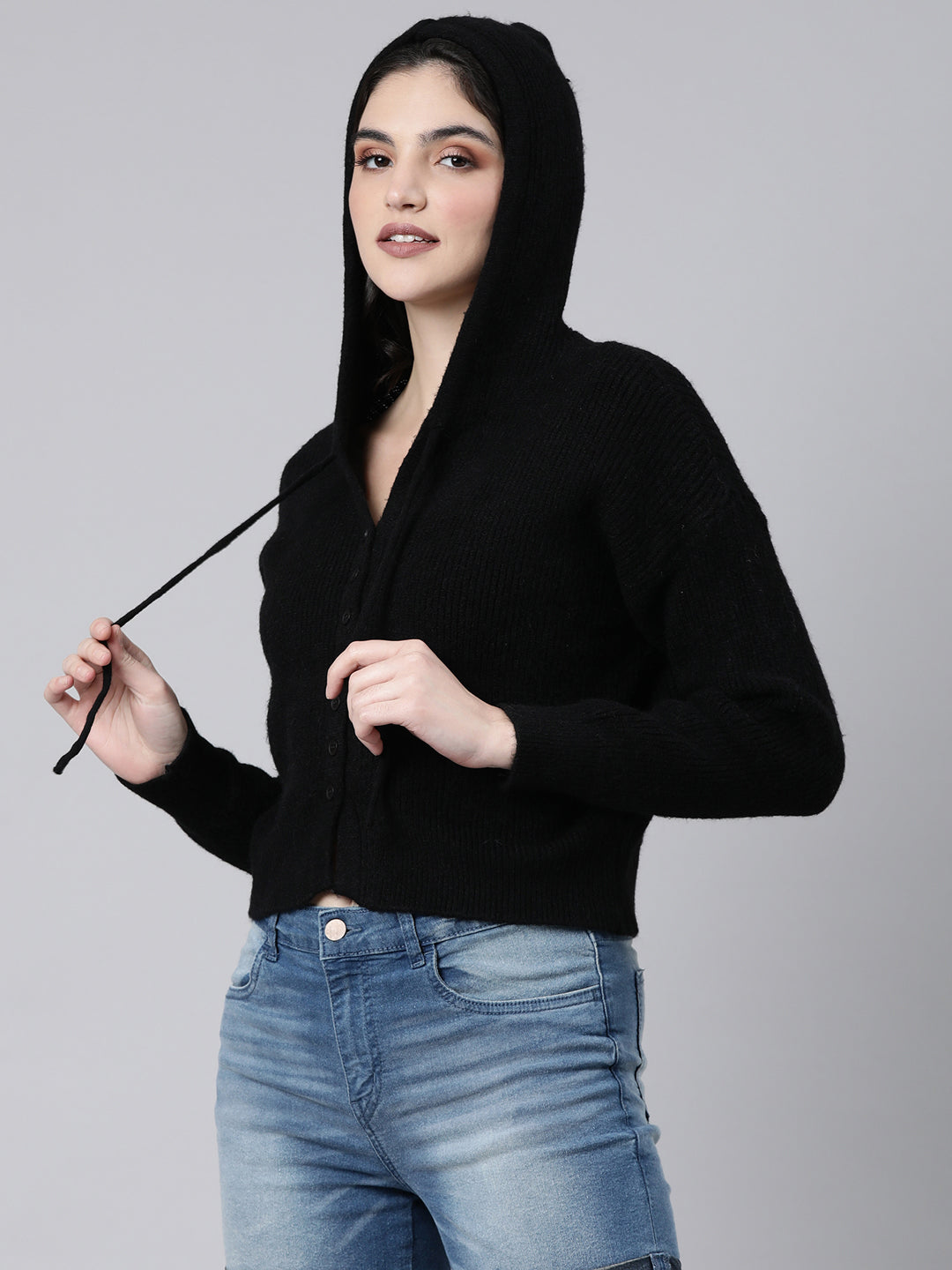 Women Solid Black Cardigan