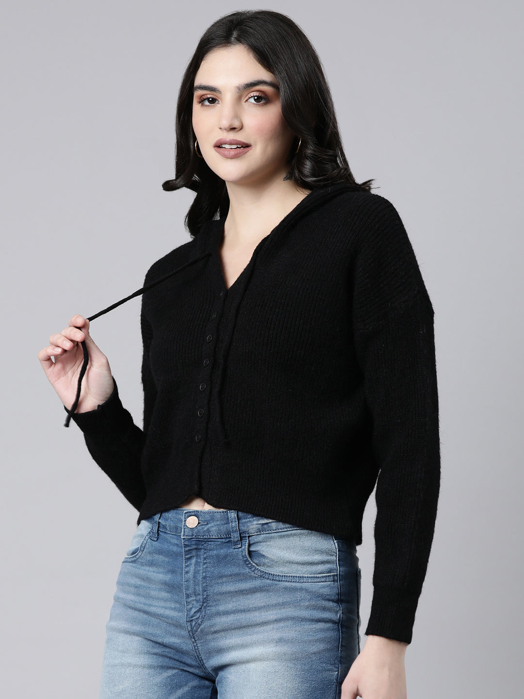 Women Solid Black Cardigan