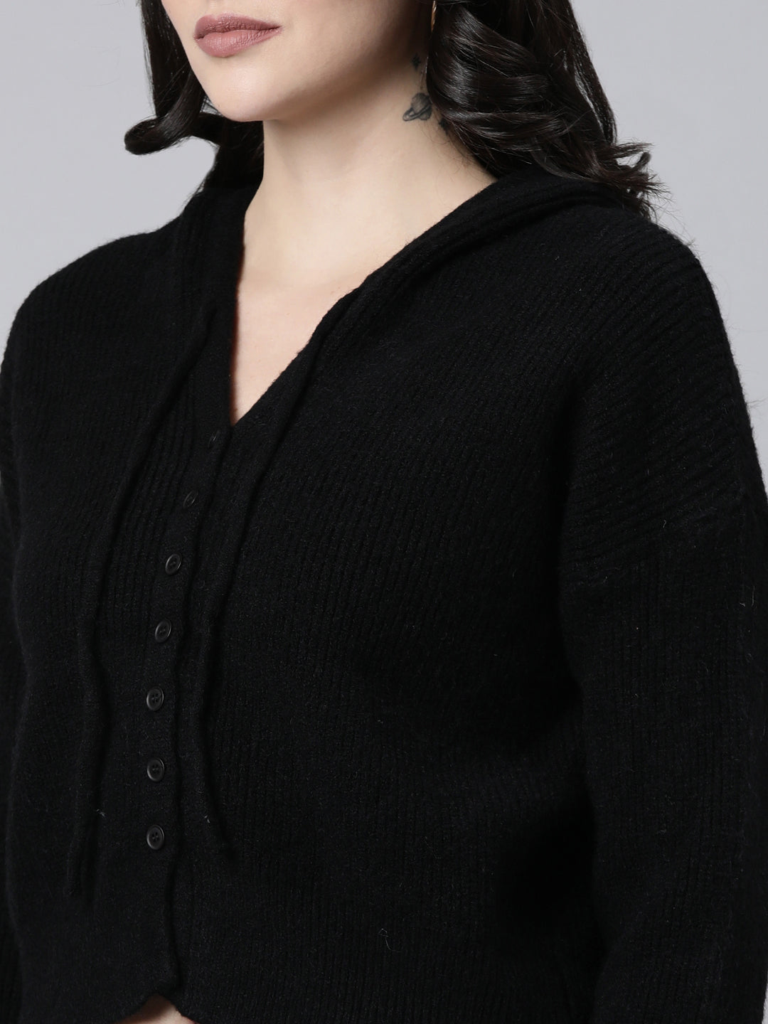 Women Solid Black Cardigan