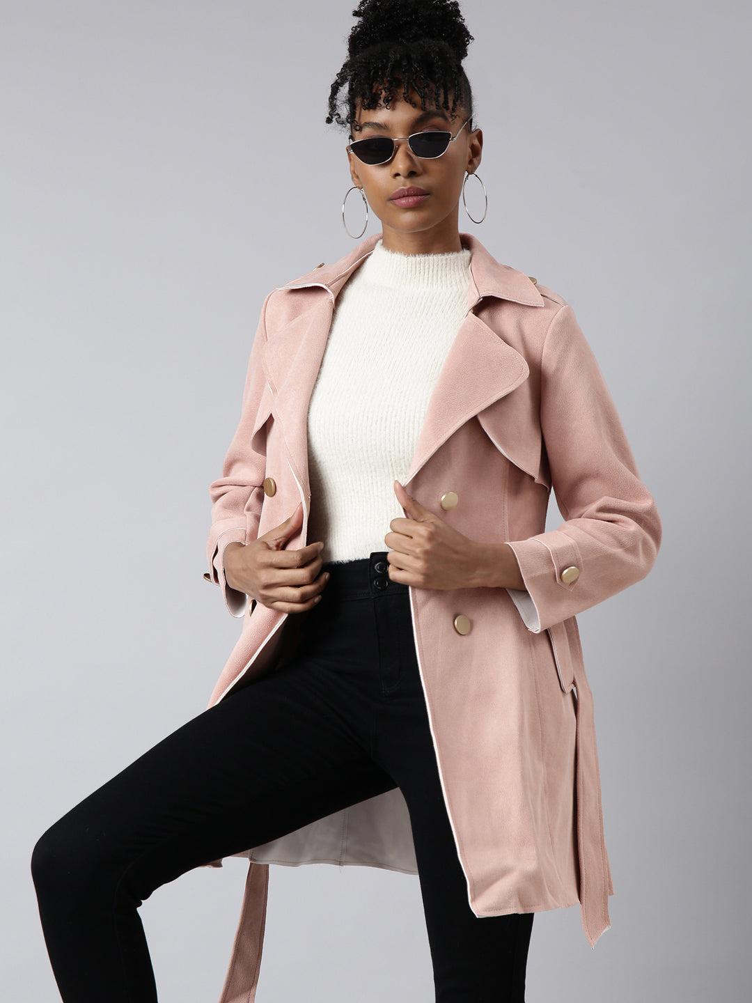 Women Solid Longline Peach Trench Coat