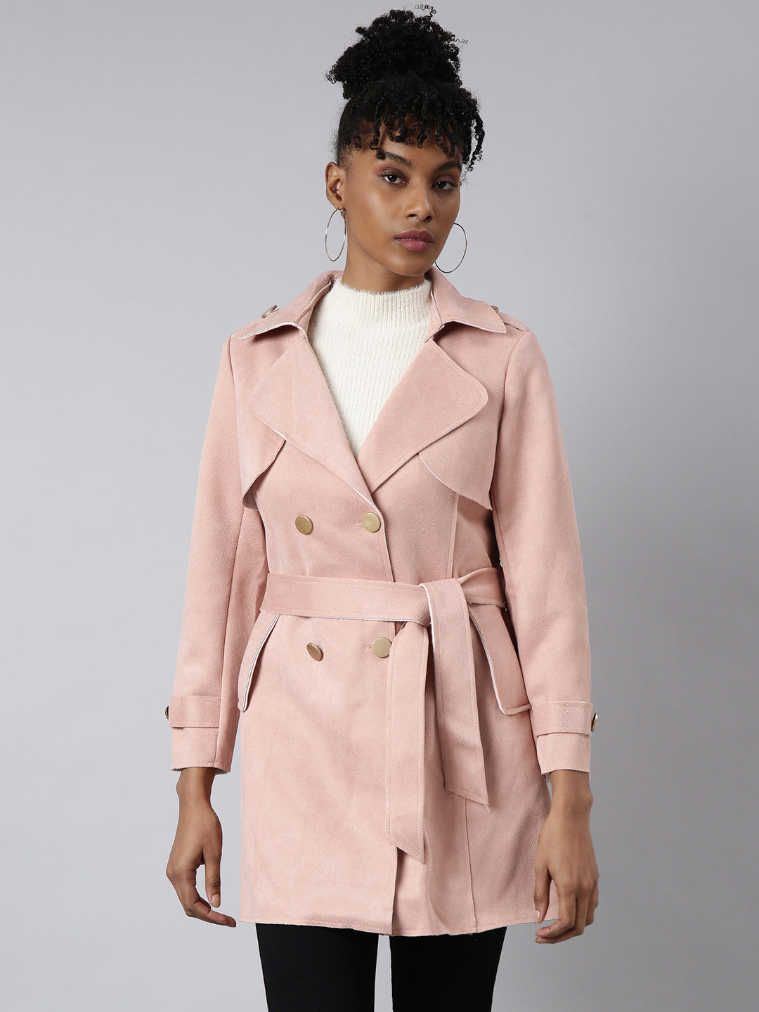 Women Solid Longline Peach Trench Coat