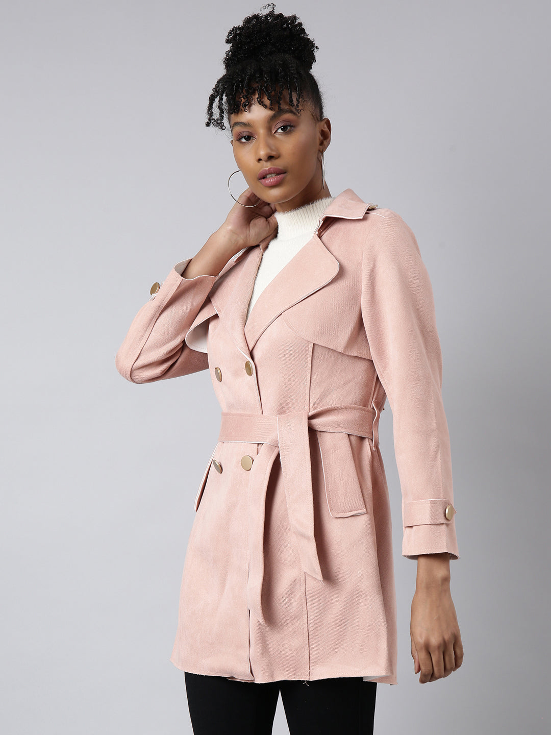 Women's Peach Lapel Collar Longline Trench Coat with Belt