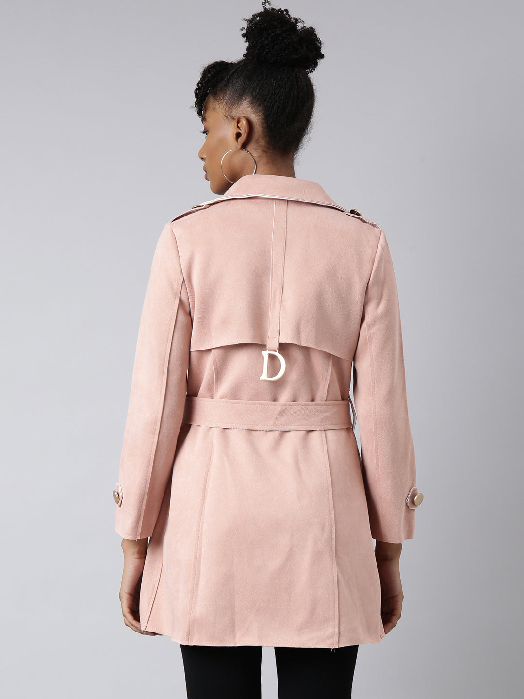 Women's Peach Lapel Collar Longline Trench Coat with Belt