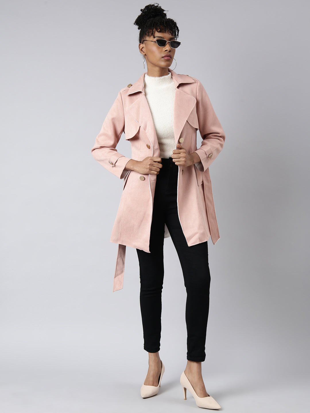 Women's Peach Lapel Collar Longline Trench Coat with Belt