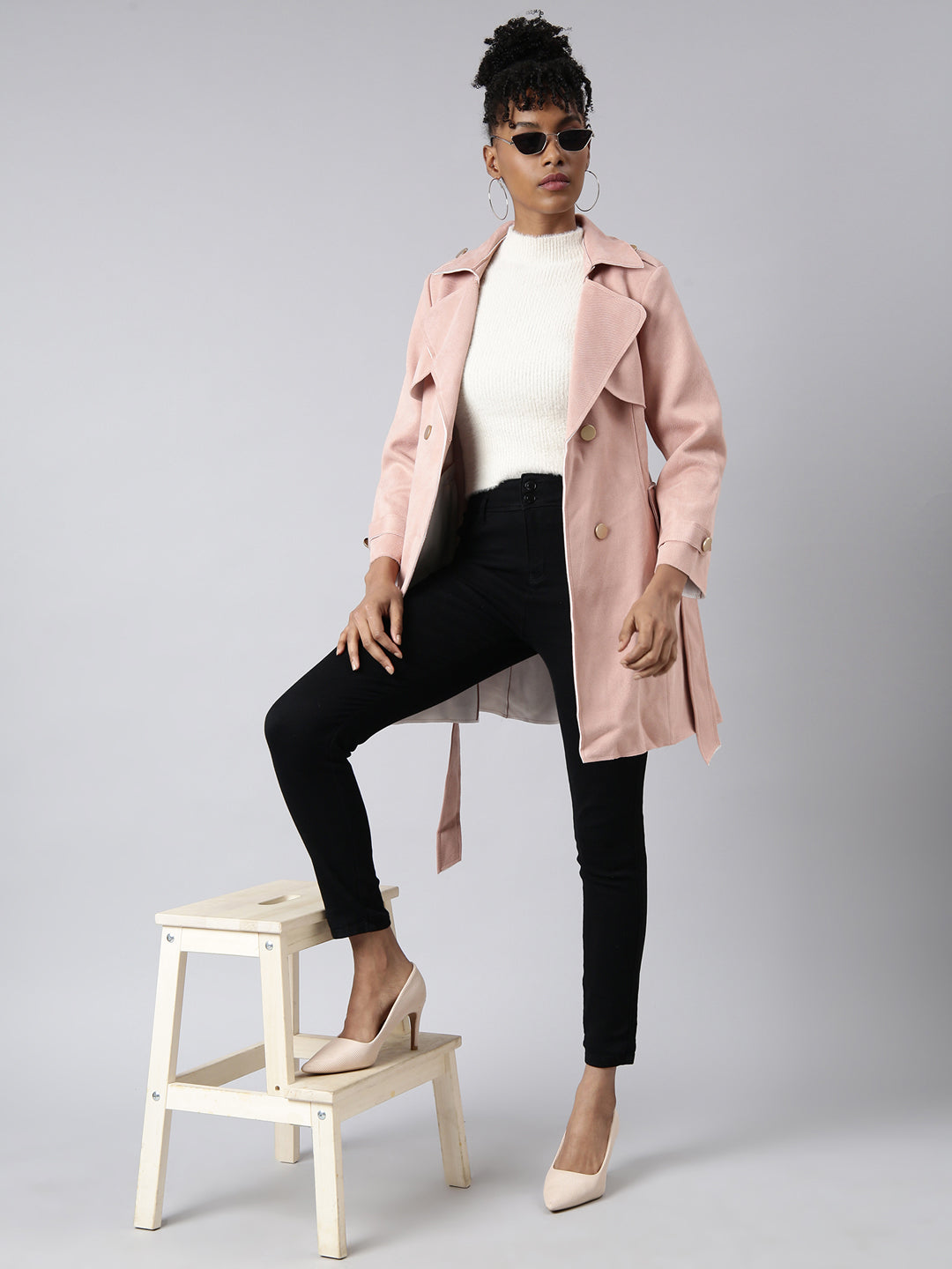 Women's Peach Lapel Collar Longline Trench Coat with Belt
