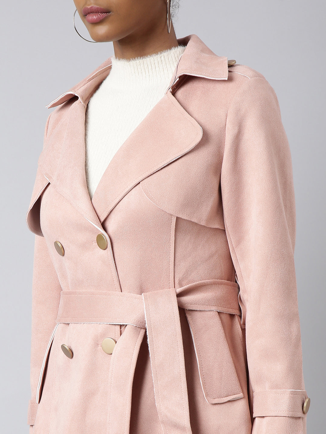 Women's Peach Lapel Collar Longline Trench Coat with Belt