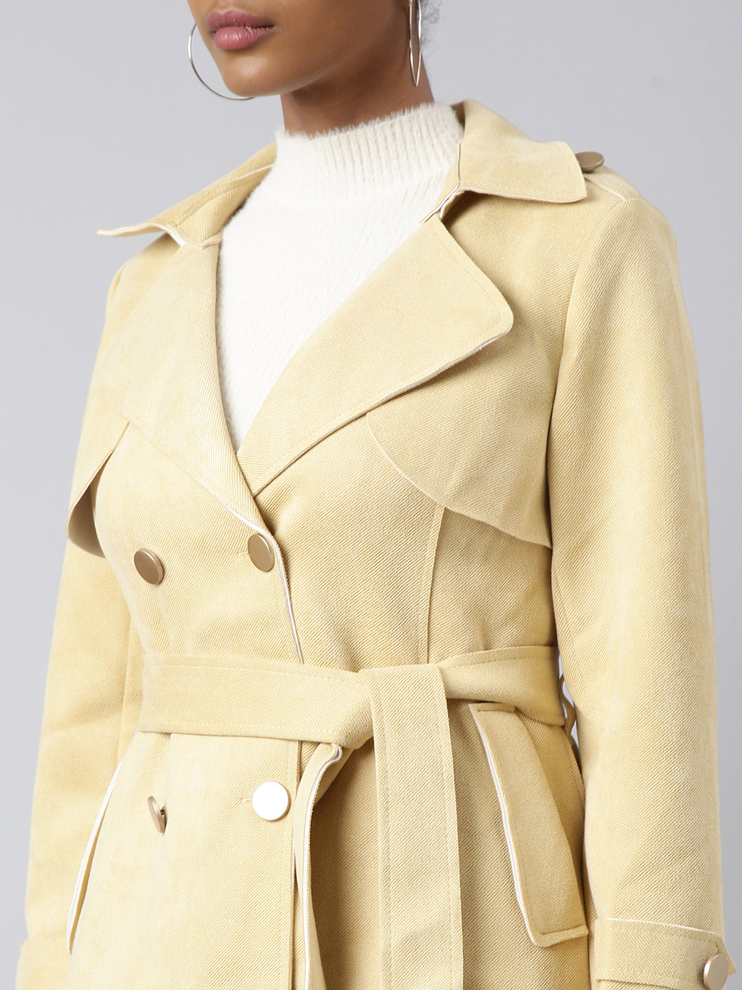 Women Solid Longline Yellow Trench Coat